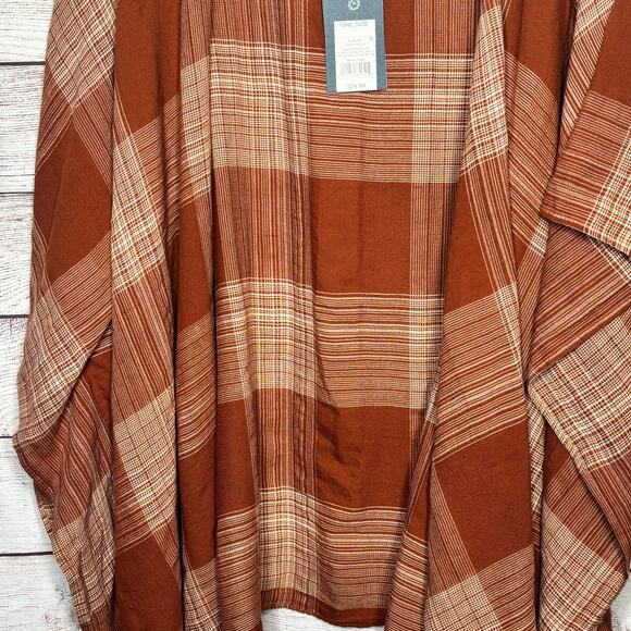 Universal Thread Open Front Orange Rust Plaid Fall Kimono Ruana New One Size - Picture 8 of 12